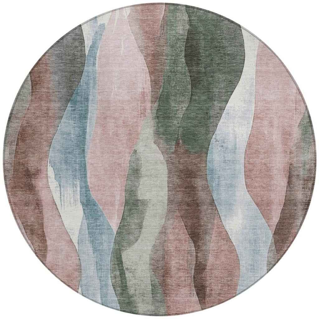 8' Salmon And Denim Blue Round Abstract Washable Indoor Outdoor Area Rug