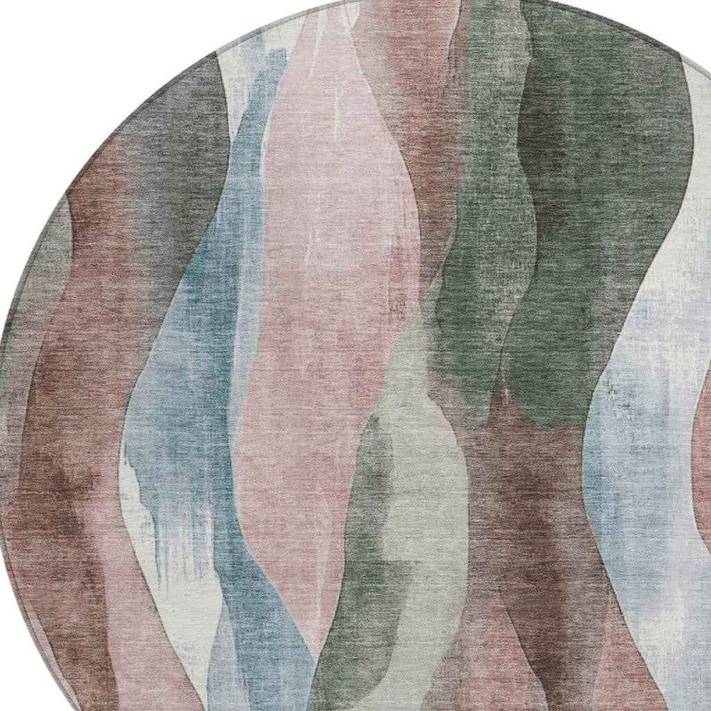 8' Salmon And Denim Blue Round Abstract Washable Indoor Outdoor Area Rug