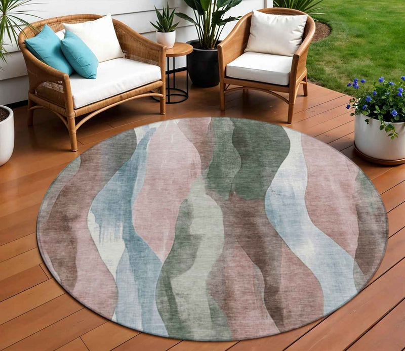 8' Salmon And Denim Blue Round Abstract Washable Indoor Outdoor Area Rug