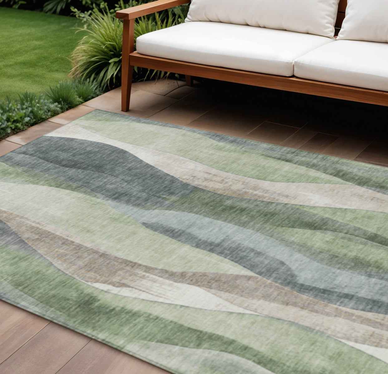 9' X 12' Fern Green And Gray Abstract Washable Indoor Outdoor Area Rug