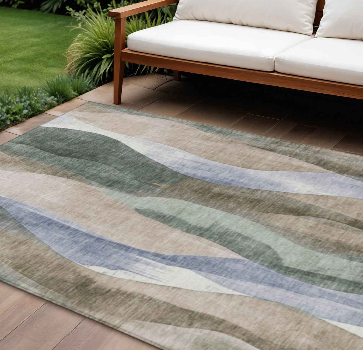 8' X 10' Beige And Denim Blue Abstract Washable Indoor Outdoor Area Rug