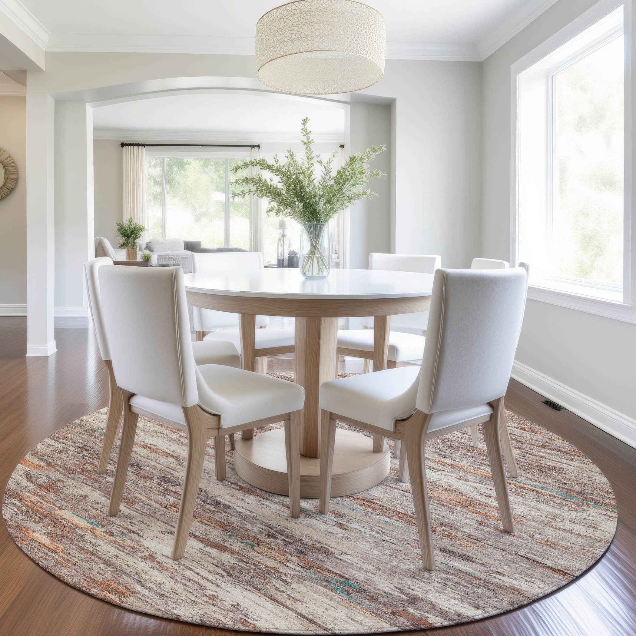 8' Terra Cotta And Beige Round Abstract Washable Indoor Outdoor Area Rug