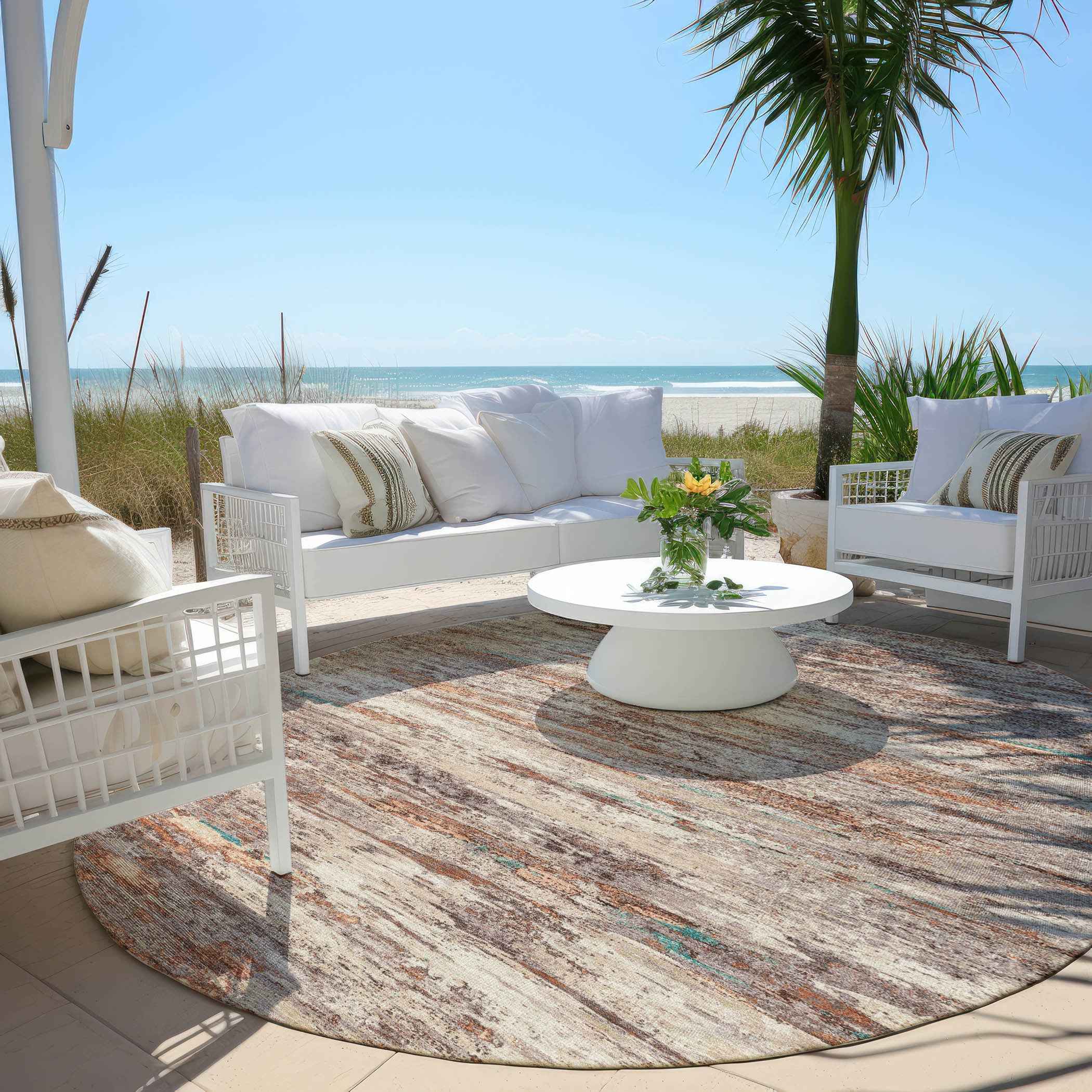 8' Terra Cotta And Beige Round Abstract Washable Indoor Outdoor Area Rug