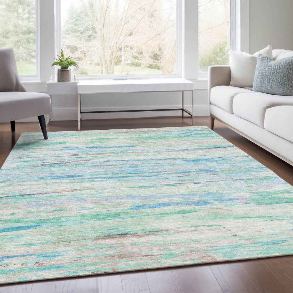 8' X 10' Teal Blue And Ivory Abstract Washable Indoor Outdoor Area Rug
