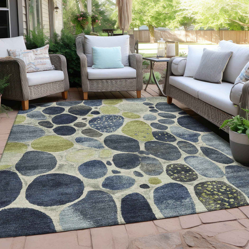 10' X 14' Denim Blue Ivory And Lime Green Geometric Washable Indoor Outdoor Area Rug
