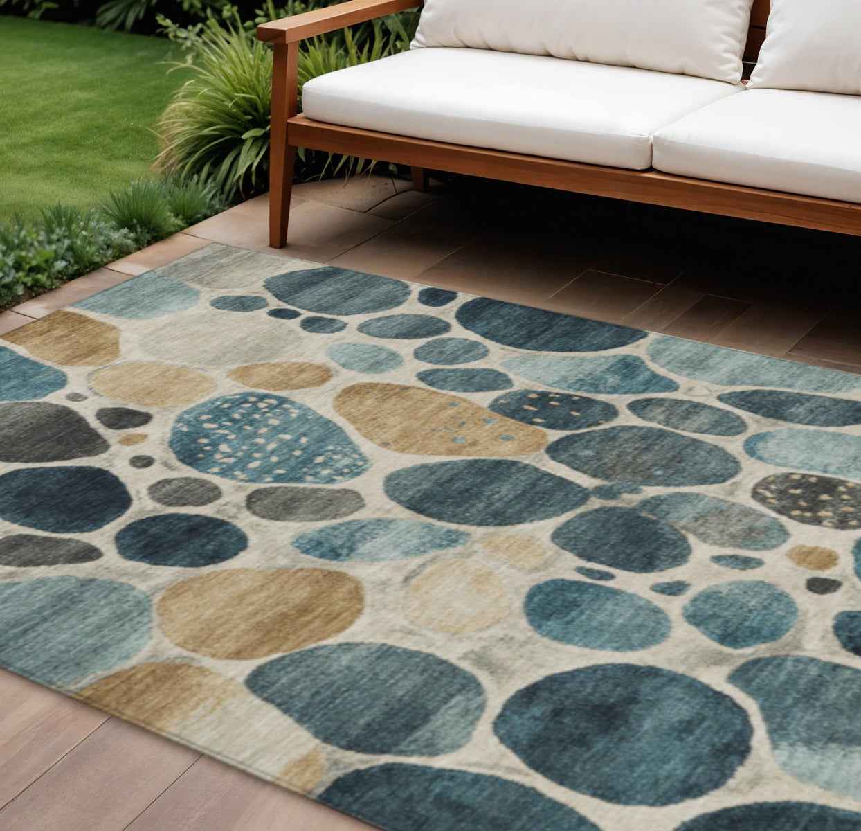 10' X 14' Teal Blue Beige And Ivory Geometric Washable Indoor Outdoor Area Rug