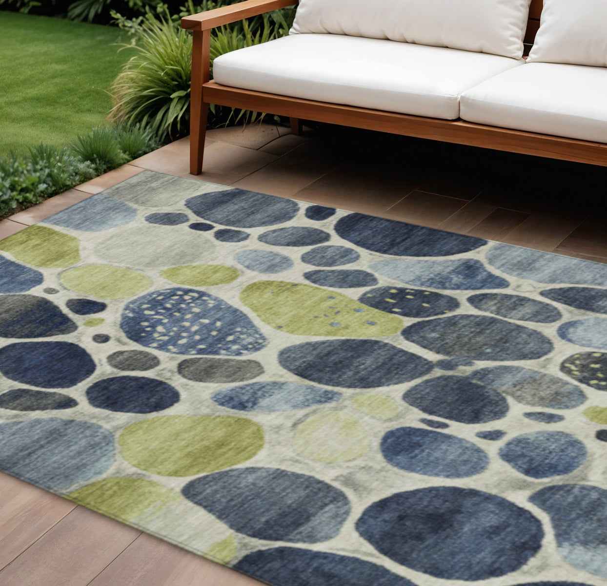 10' X 14' Denim Blue Ivory And Lime Green Geometric Washable Indoor Outdoor Area Rug
