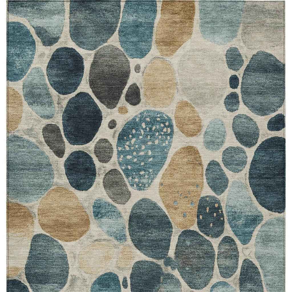 10' X 14' Teal Blue Beige And Ivory Geometric Washable Indoor Outdoor Area Rug