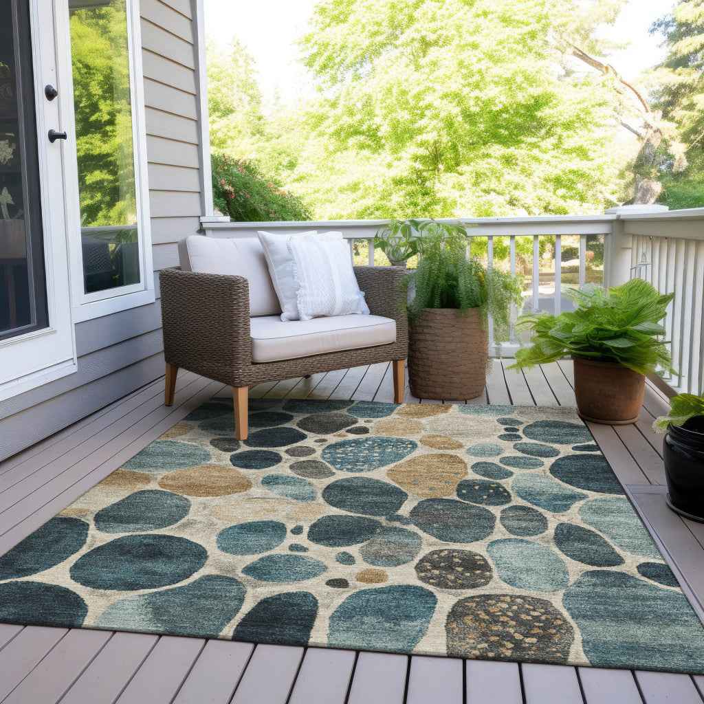10' X 14' Teal Blue Beige And Ivory Geometric Washable Indoor Outdoor Area Rug