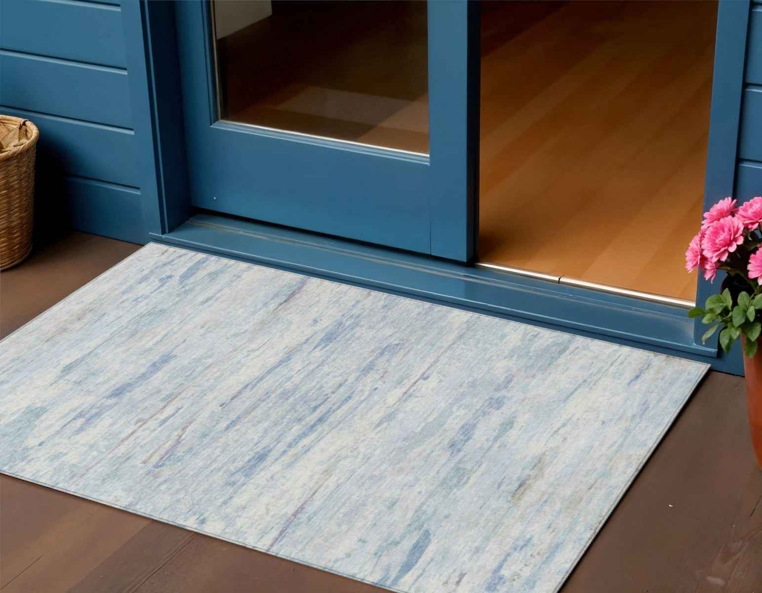 3' X 5' Sky Blue And Ivory Abstract Washable Indoor Outdoor Area Rug