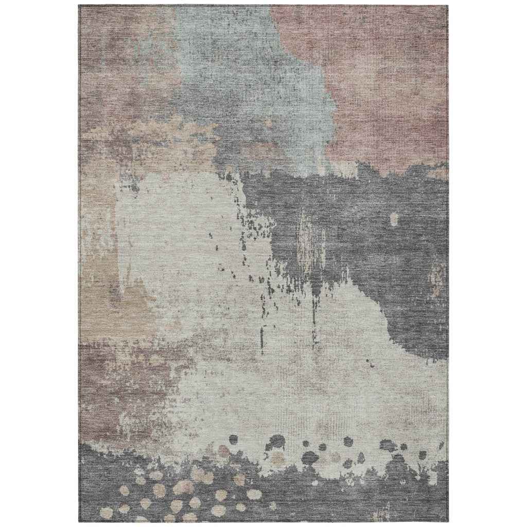 9' X 12' Khaki Charcoal And Ivory Abstract Washable Indoor Outdoor Area Rug