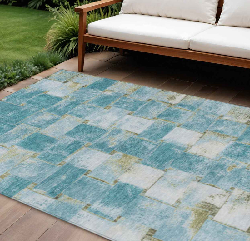 9' X 12' Teal Blue And Khaki Striped Washable Indoor Outdoor Area Rug