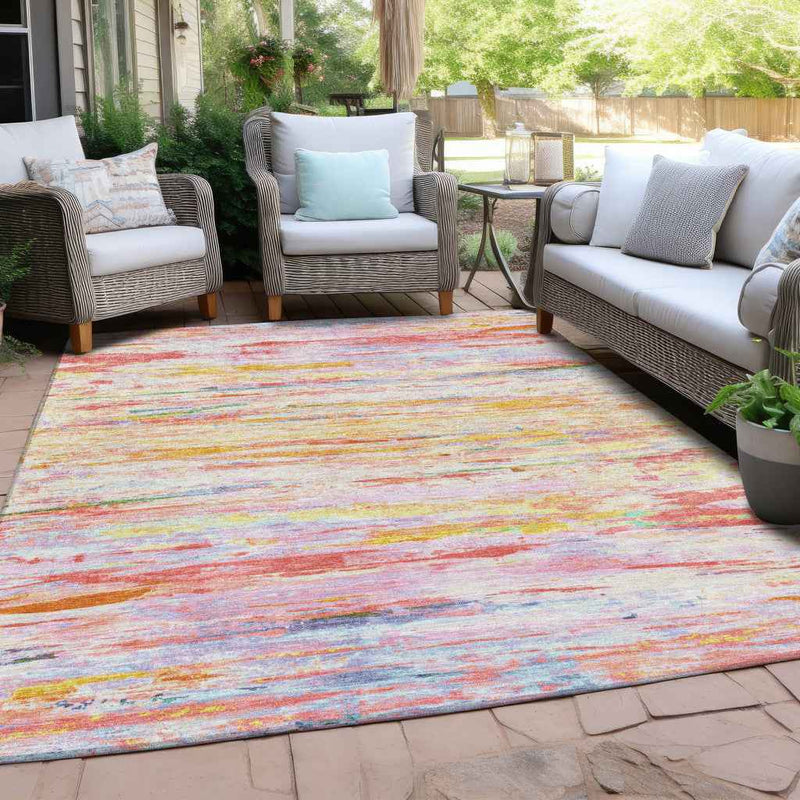 5' X 8' Coral And Yellow Abstract Washable Indoor Outdoor Area Rug