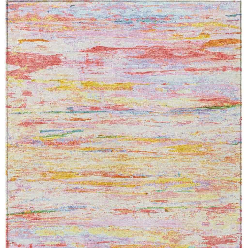 5' X 8' Coral And Yellow Abstract Washable Indoor Outdoor Area Rug