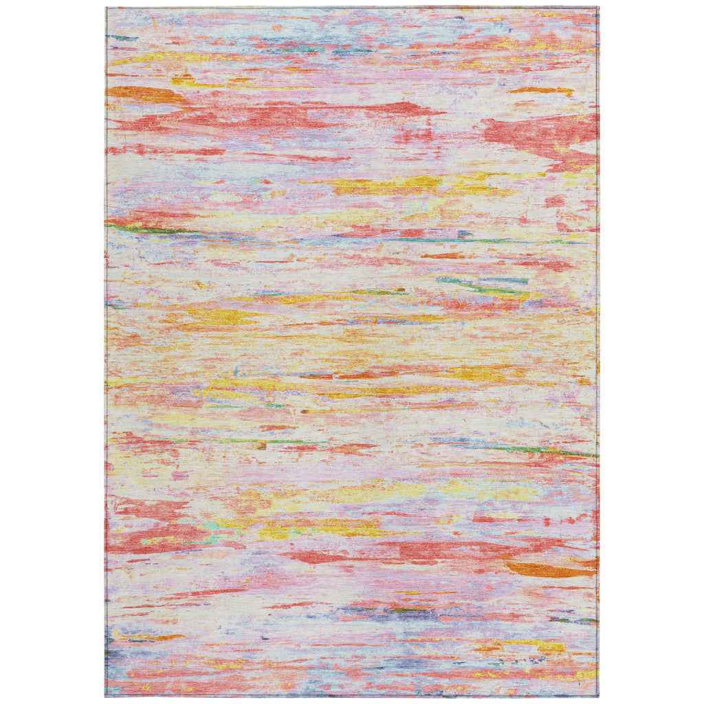 5' X 8' Coral And Yellow Abstract Washable Indoor Outdoor Area Rug