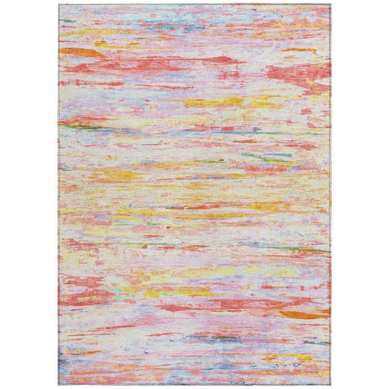 5' X 8' Coral And Yellow Abstract Washable Indoor Outdoor Area Rug