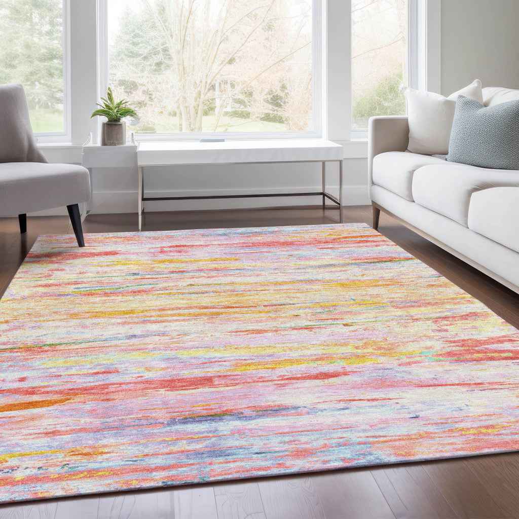 5' X 8' Coral And Yellow Abstract Washable Indoor Outdoor Area Rug
