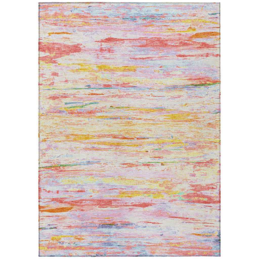 10' X 14' Coral And Yellow Abstract Washable Indoor Outdoor Area Rug