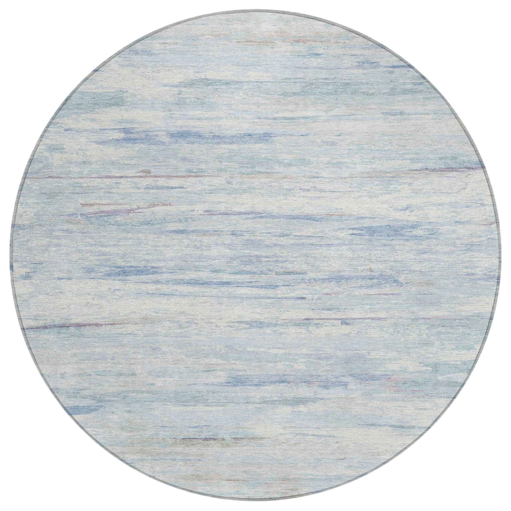 8' Sky Blue And Ivory Round Abstract Washable Indoor Outdoor Area Rug