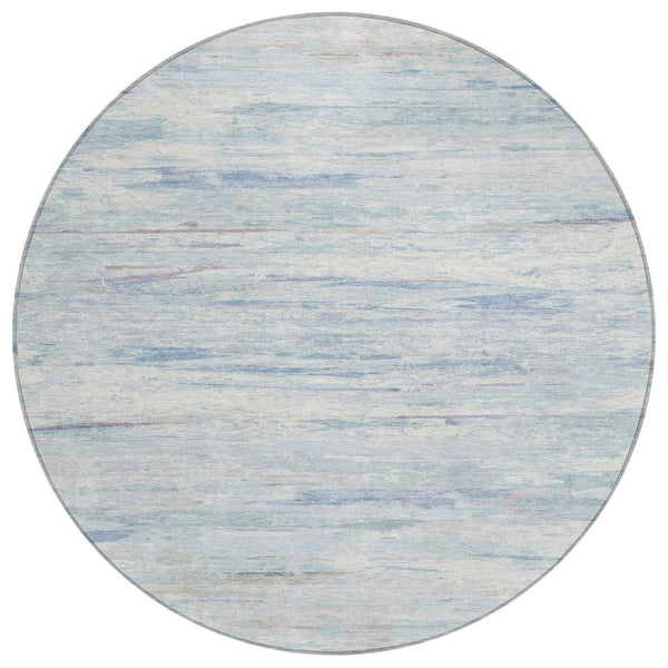 8' Sky Blue And Ivory Round Abstract Washable Indoor Outdoor Area Rug
