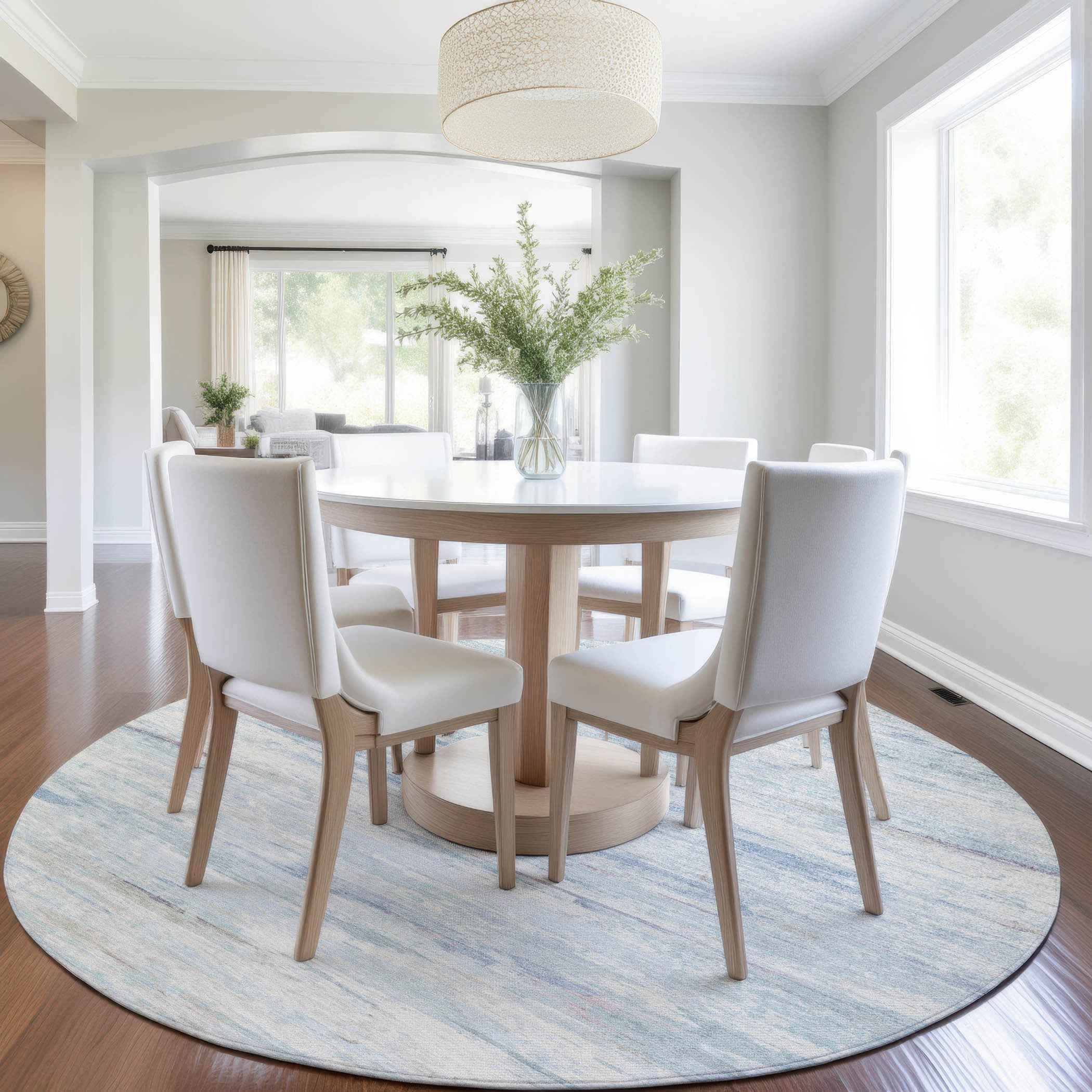 8' Sky Blue And Ivory Round Abstract Washable Indoor Outdoor Area Rug