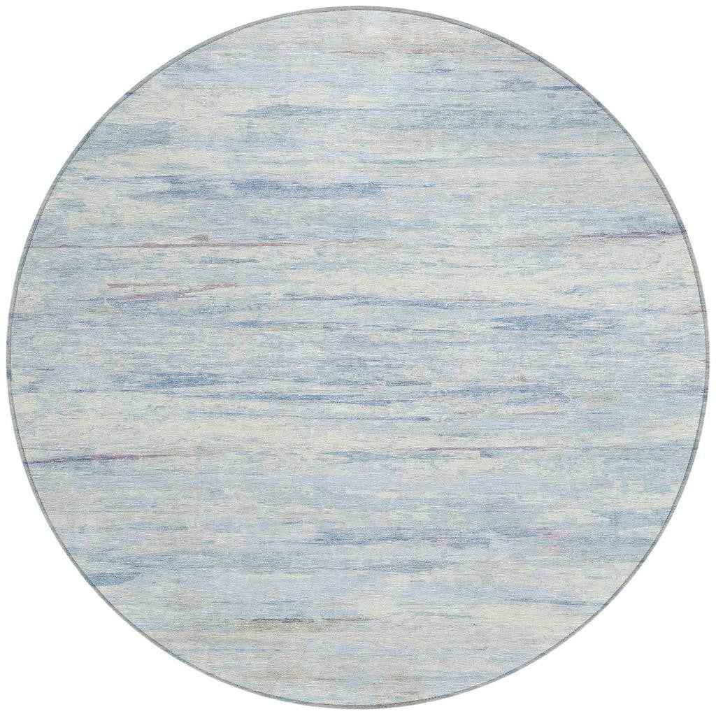 8' Sky Blue And Ivory Round Abstract Washable Indoor Outdoor Area Rug
