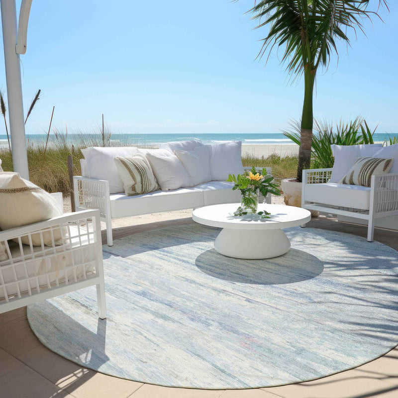 8' Sky Blue And Ivory Round Abstract Washable Indoor Outdoor Area Rug