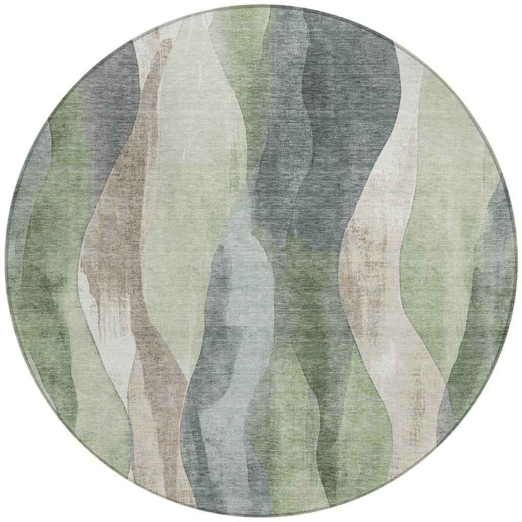 8' Fern Green And Gray Round Abstract Washable Indoor Outdoor Area Rug
