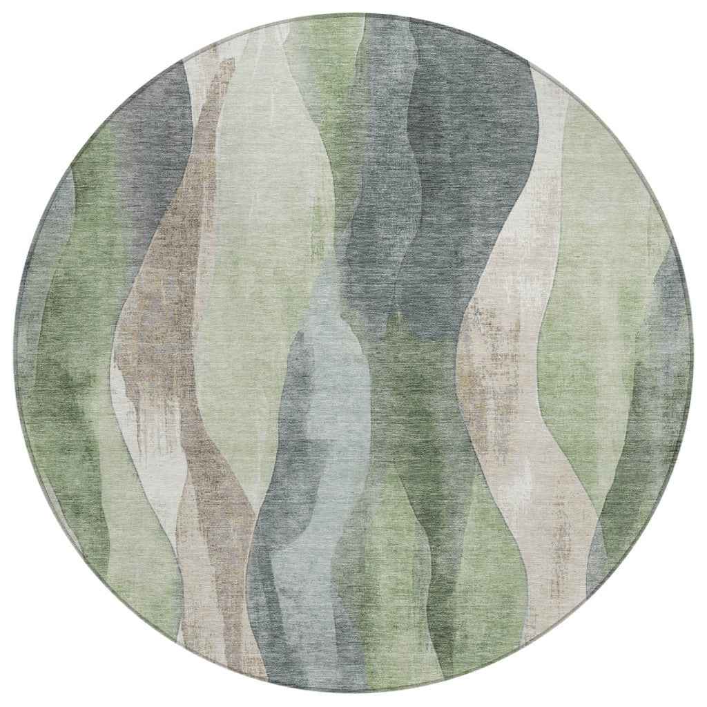 8' Fern Green And Gray Round Abstract Washable Indoor Outdoor Area Rug