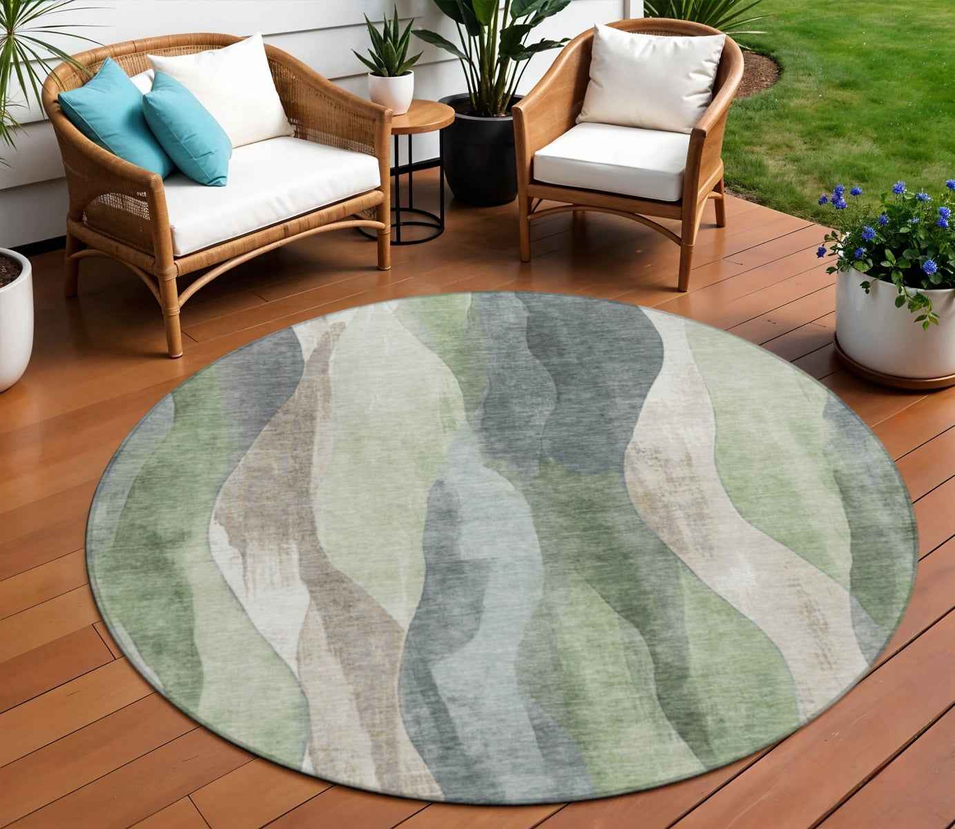 8' Fern Green And Gray Round Abstract Washable Indoor Outdoor Area Rug