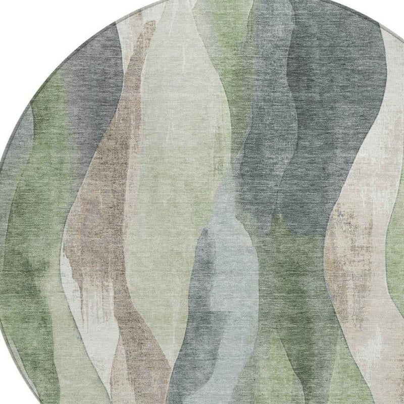 8' Fern Green And Gray Round Abstract Washable Indoor Outdoor Area Rug