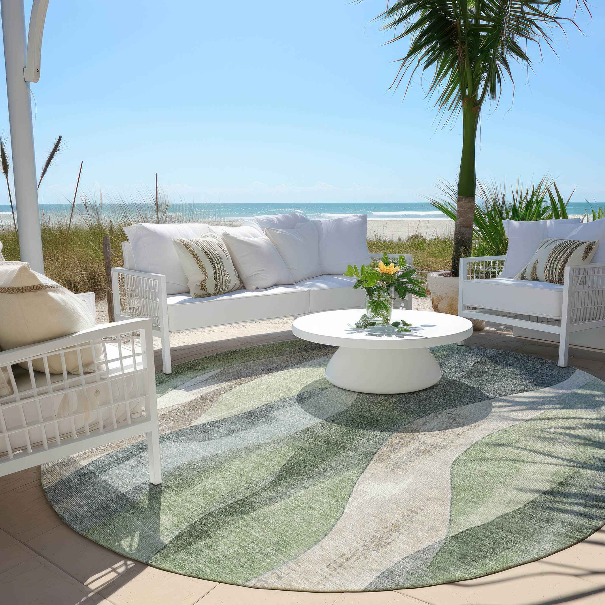 8' Fern Green And Gray Round Abstract Washable Indoor Outdoor Area Rug