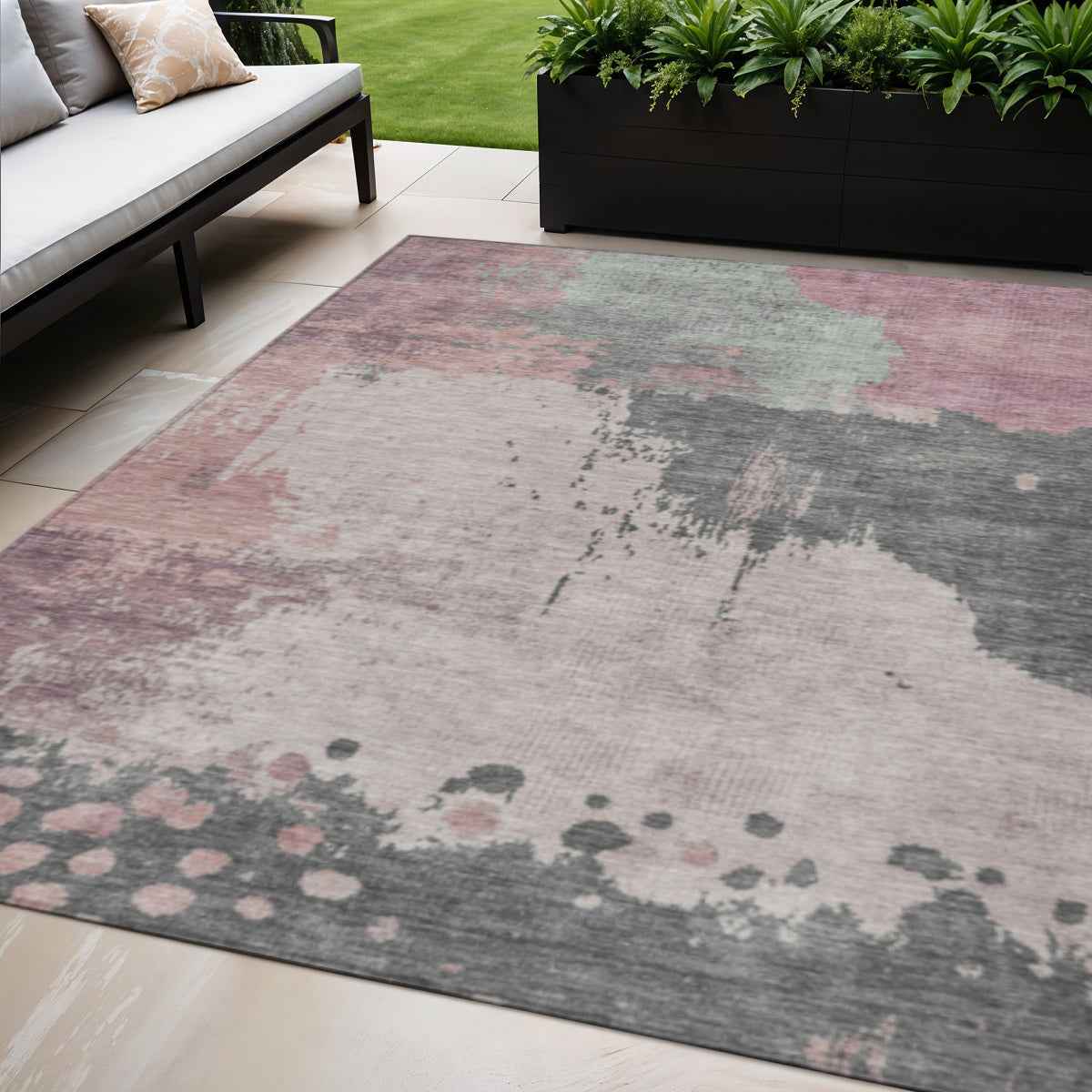 5' X 8' Blush Sage And Charcoal Abstract Washable Indoor Outdoor Area Rug