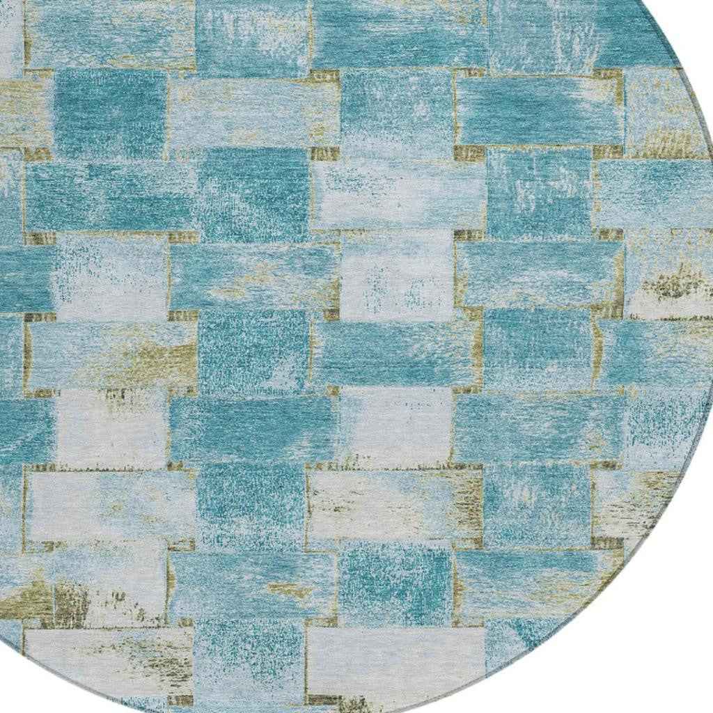 8' Teal Blue And Khaki Round Striped Washable Indoor Outdoor Area Rug