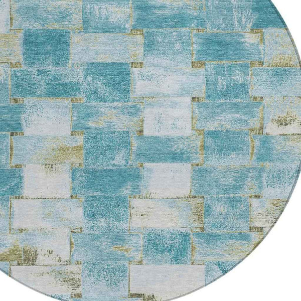8' Teal Blue And Khaki Round Striped Washable Indoor Outdoor Area Rug