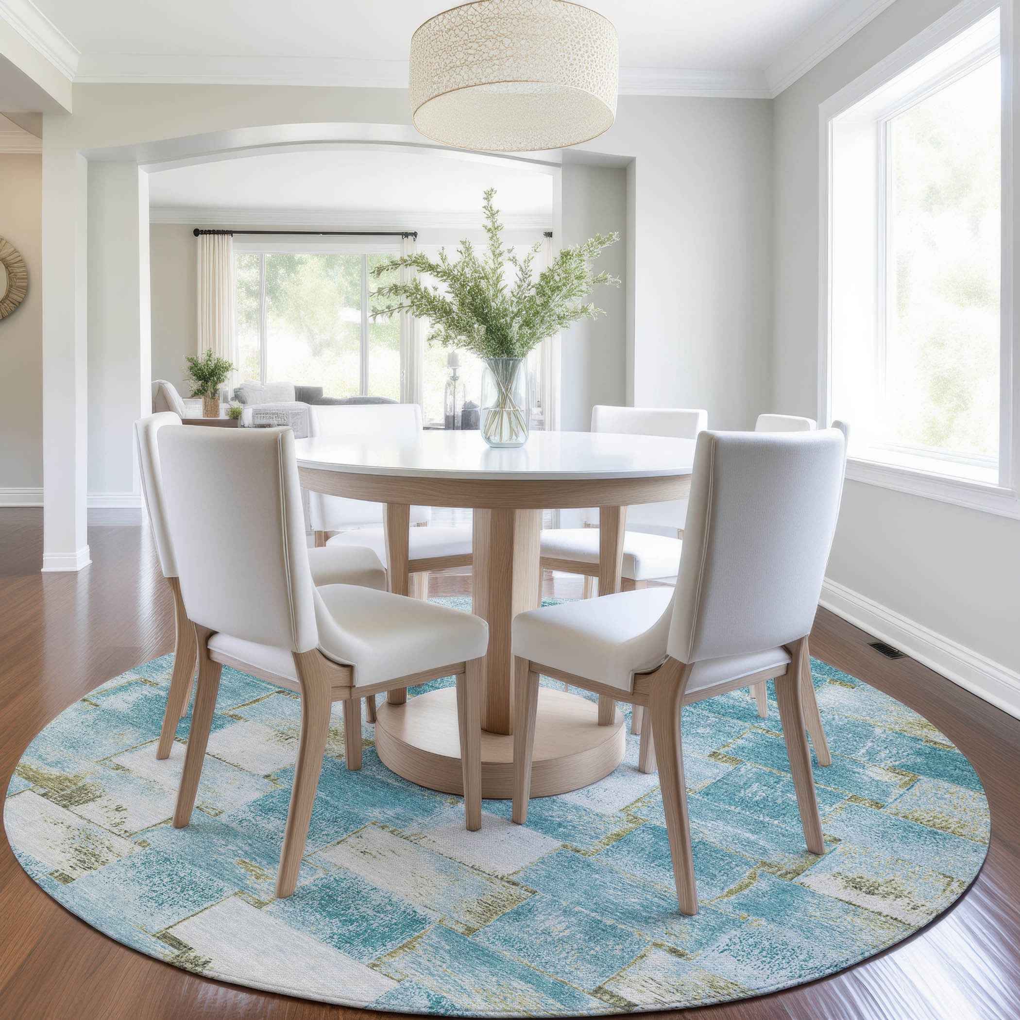 8' Teal Blue And Khaki Round Striped Washable Indoor Outdoor Area Rug