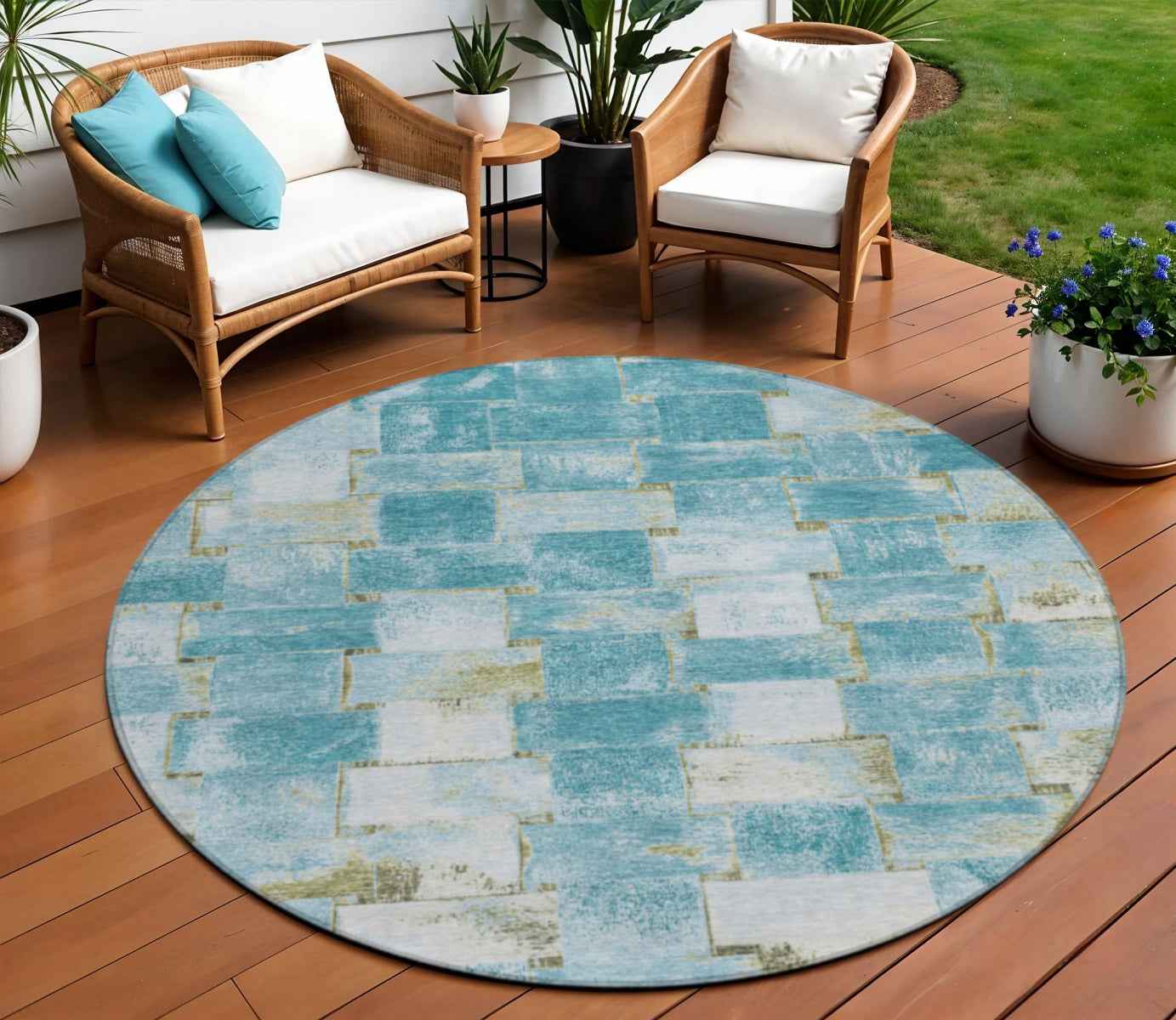 8' Teal Blue And Khaki Round Striped Washable Indoor Outdoor Area Rug