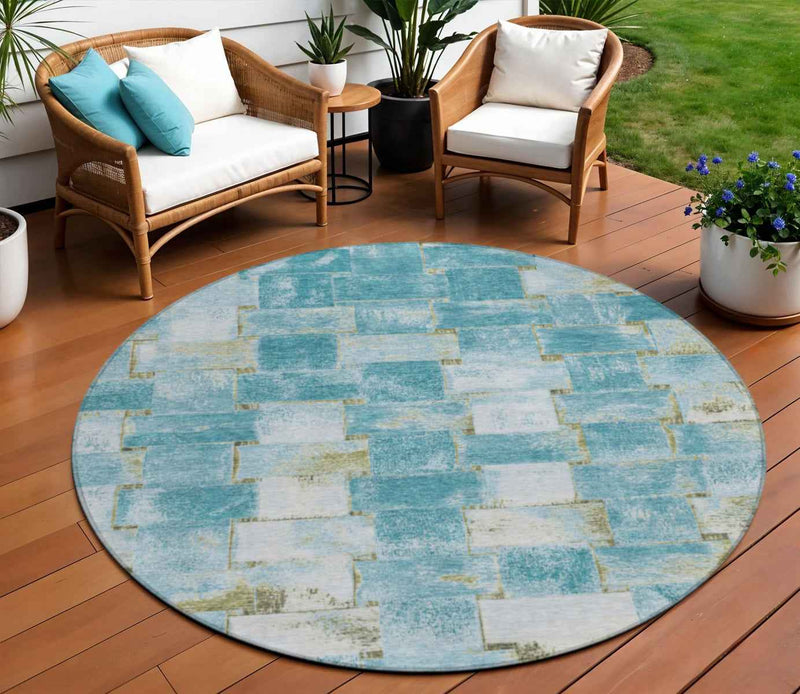8' Teal Blue And Khaki Round Striped Washable Indoor Outdoor Area Rug