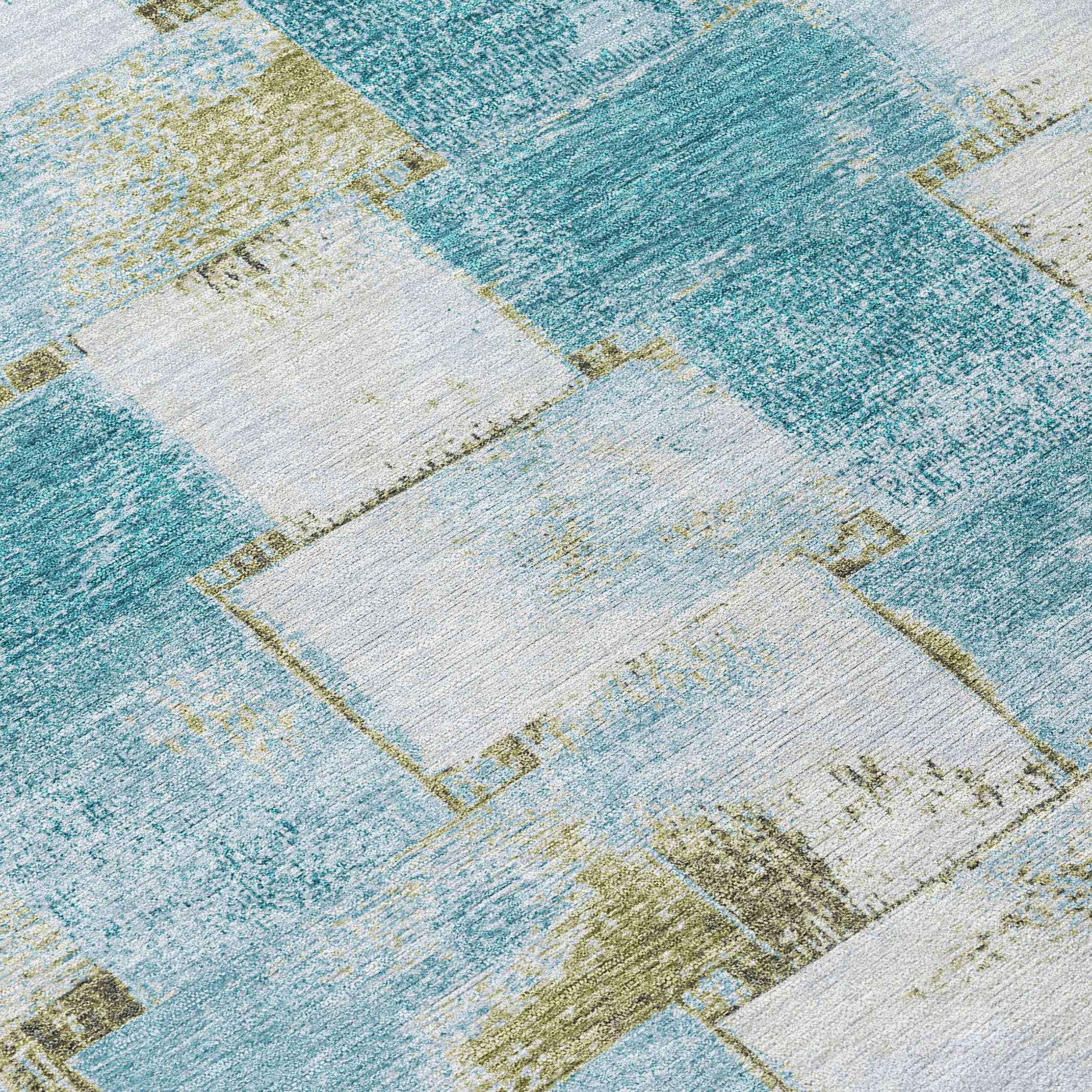 8' Teal Blue And Khaki Round Striped Washable Indoor Outdoor Area Rug