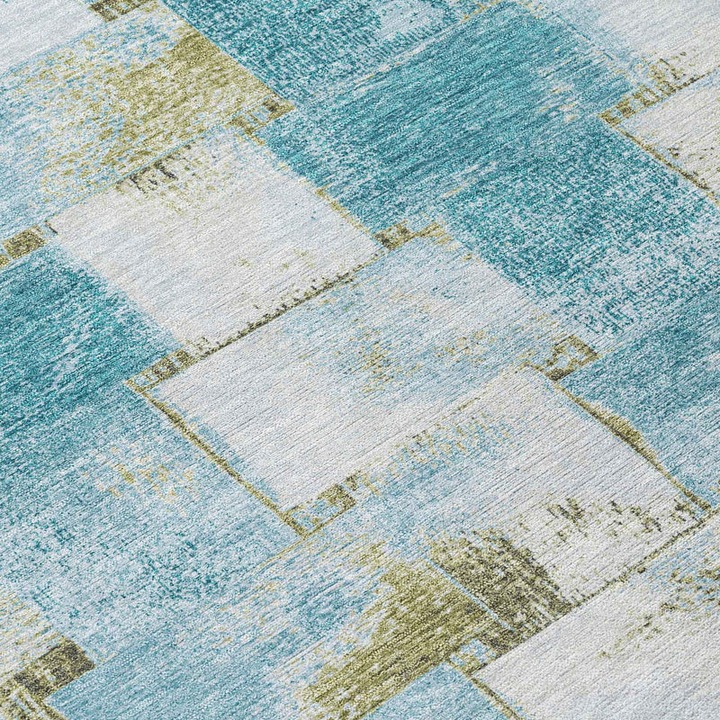 8' Teal Blue And Khaki Round Striped Washable Indoor Outdoor Area Rug