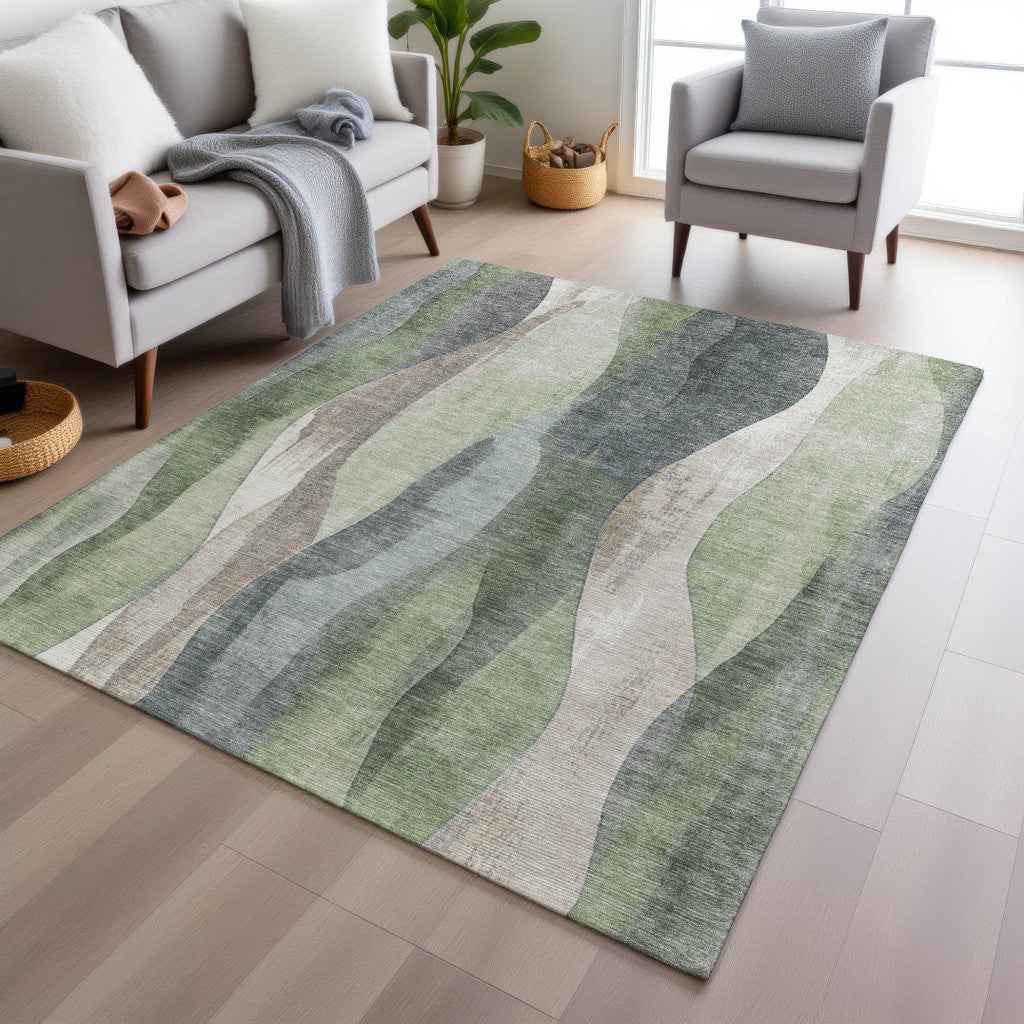 8' X 10' Fern Green And Gray Abstract Washable Indoor Outdoor Area Rug