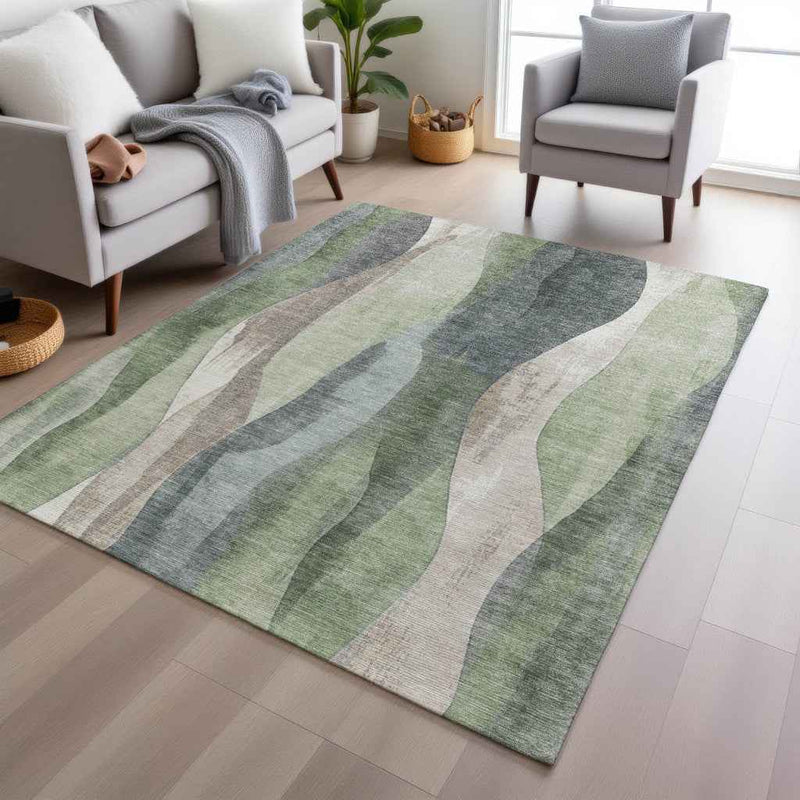 8' X 10' Fern Green And Gray Abstract Washable Indoor Outdoor Area Rug