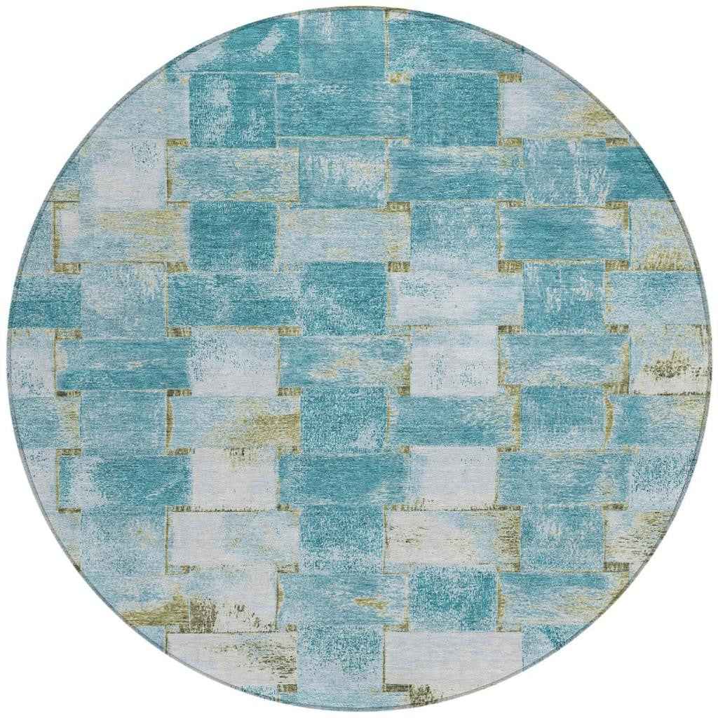 8' Teal Blue And Khaki Round Striped Washable Indoor Outdoor Area Rug