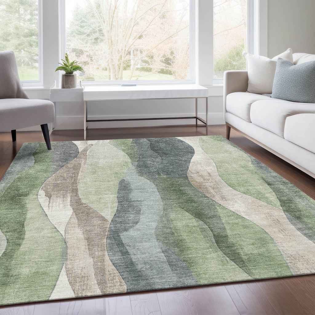 8' X 10' Fern Green And Gray Abstract Washable Indoor Outdoor Area Rug