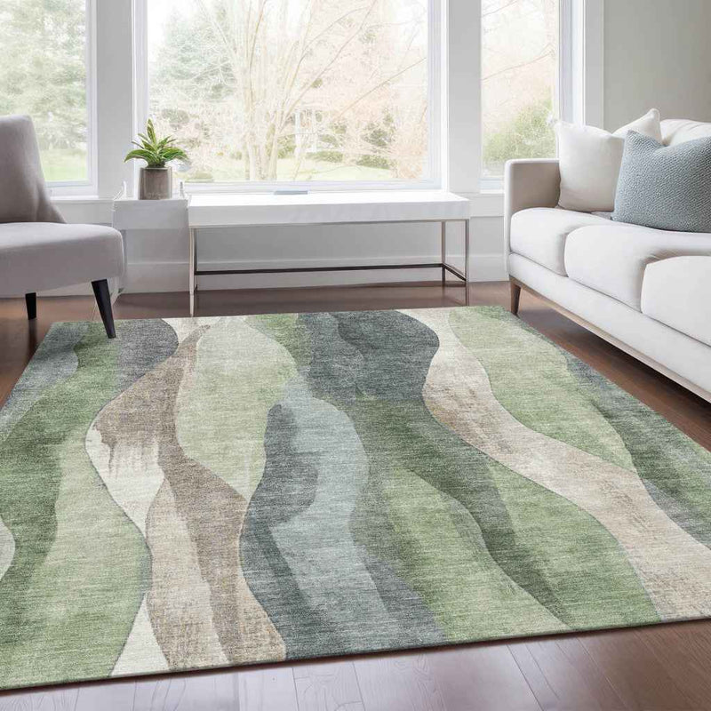 8' X 10' Fern Green And Gray Abstract Washable Indoor Outdoor Area Rug