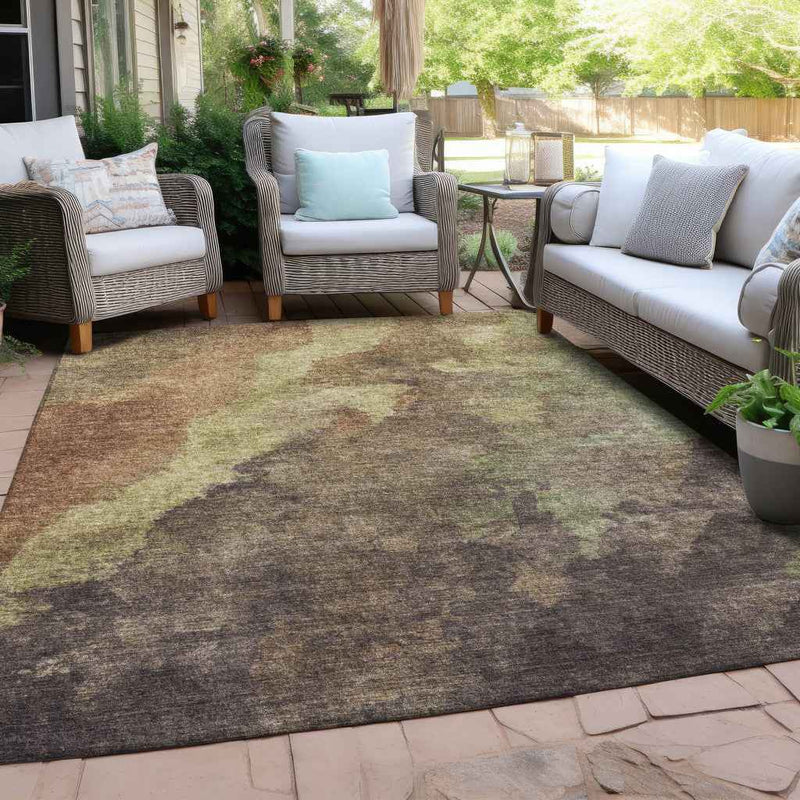 8' X 10' Brown And Fern Green Abstract Washable Indoor Outdoor Area Rug