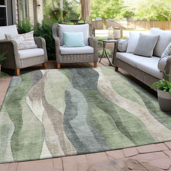 3' X 5' Fern Green And Gray Abstract Washable Indoor Outdoor Area Rug