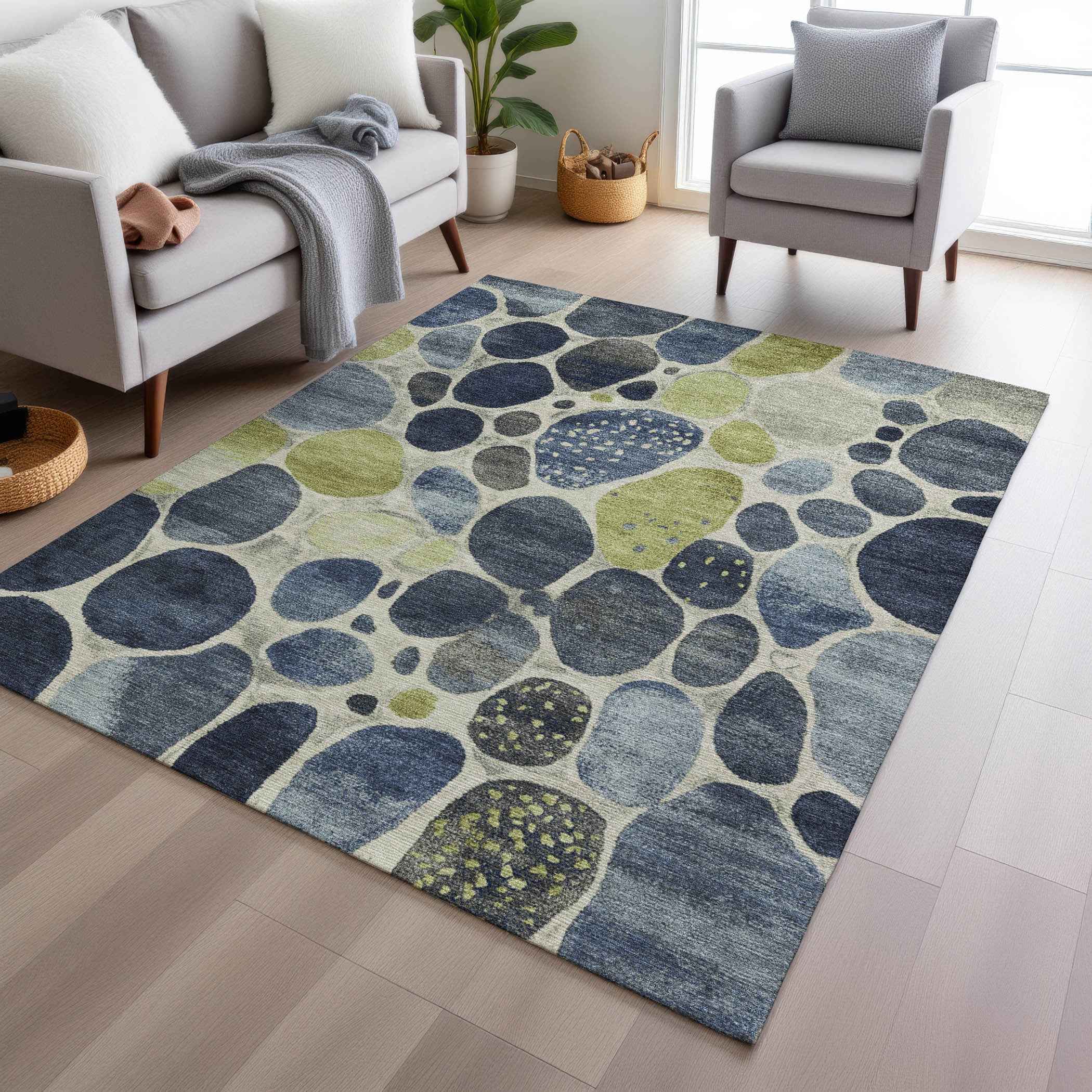 8' X 10' Denim Blue Ivory And Lime Green Geometric Washable Indoor Outdoor Area Rug