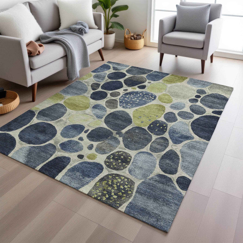 8' X 10' Denim Blue Ivory And Lime Green Geometric Washable Indoor Outdoor Area Rug