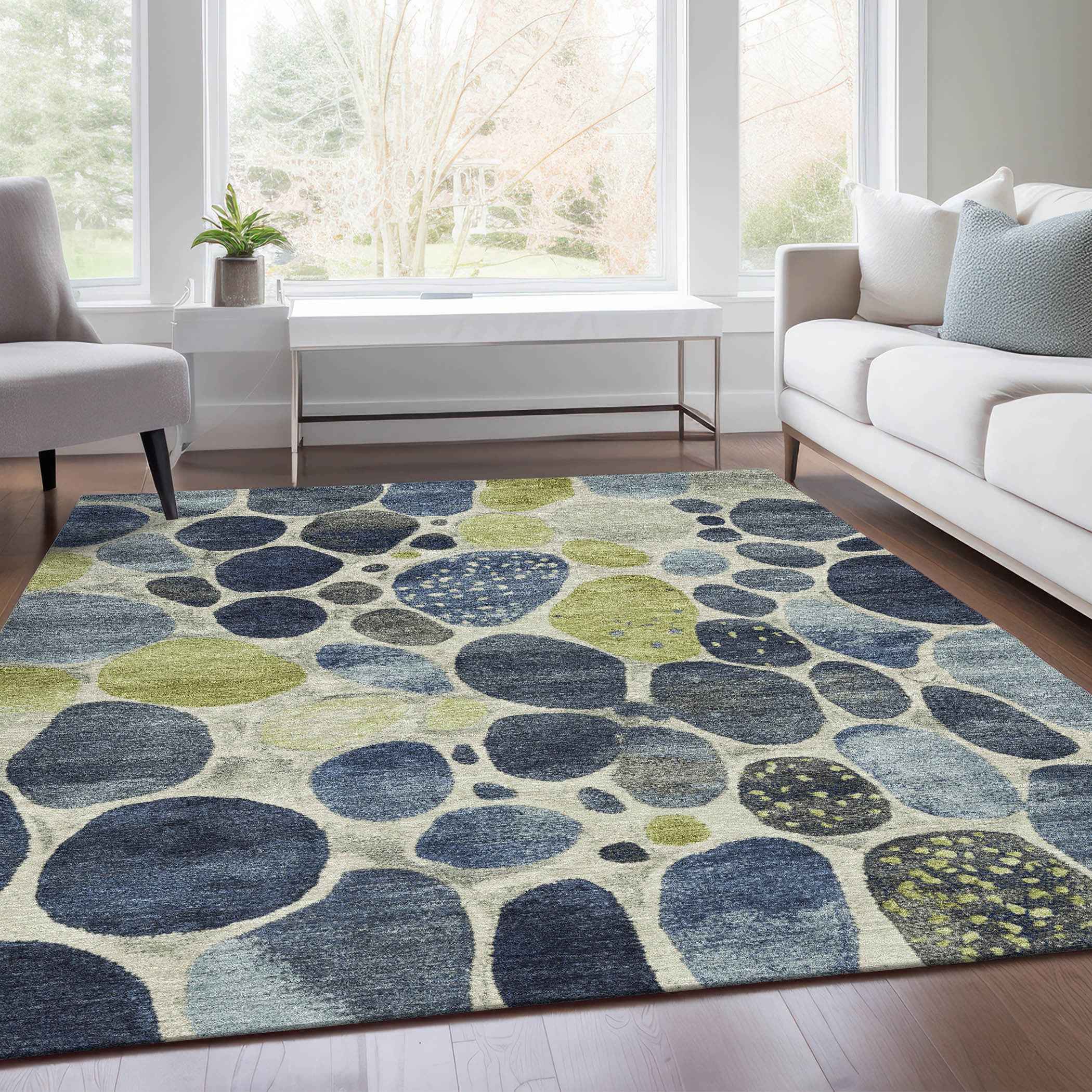 8' X 10' Denim Blue Ivory And Lime Green Geometric Washable Indoor Outdoor Area Rug